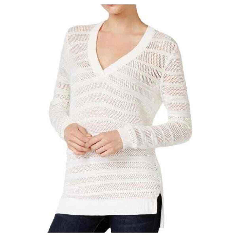 Michael Kors White Open Knit V Neck Sweater Size L
